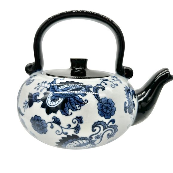 Pier 1 Vintage Handpainted Porcelain Tea Pot Black Blue White Floral Design - Picture 1 of 12